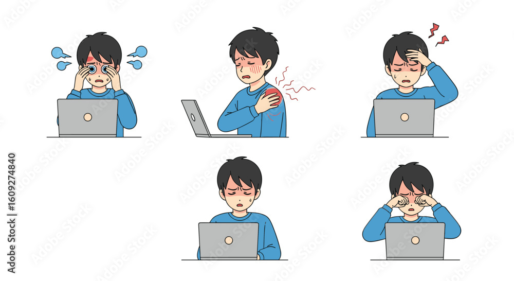 Person experiencing discomfort and pain while working on a laptop computer demonstrating various symptoms of digital strain