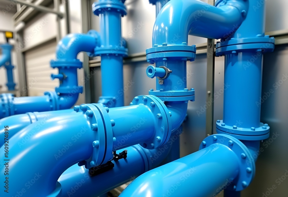 Obraz premium Complex Network of Blue Industrial Pipes and Valves - Manufacturing and Infrastructure