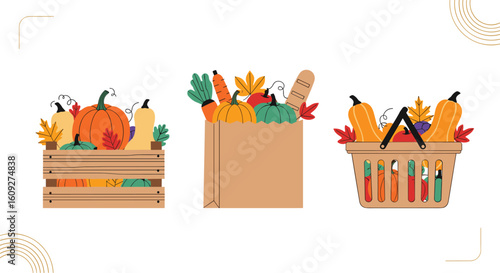 Harvest bounty abundance of fresh autumn produce in baskets and crates ready for thanksgiving