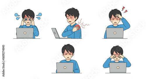 Person experiencing discomfort and pain while working on a laptop computer demonstrating various symptoms of digital strain