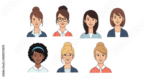 A collection of diverse pixel art portraits showcasing various female individuals with different hairstyles and expressions