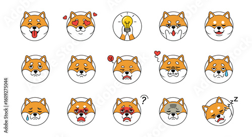 A collection of adorable shiba inu emojis expressing a wide range of emotions and feelings