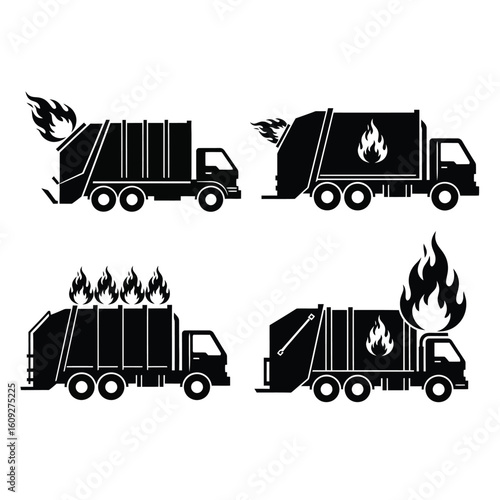 Burning Garbage Trucks Illustration Set Black and White Icon Collection Waste Management Vehicles with Flames Depicting Environmental Issues