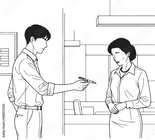 Line art illustration of a man offering a pen to a somber looking woman in an office.