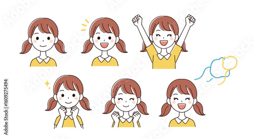 Collection of expressive emotions of a young girl depicting various feelings and reactions with different facial expressions
