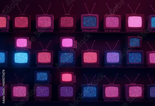 Vintage MTV Glowing Background with Old TVs and Antennas