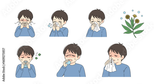 Illustrations depicting symptoms of seasonal allergies including sneezing coughing and watery eyes alongside a flowering plant representing the allergen source
