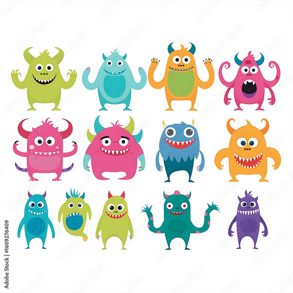 Naklejka premium ten colorful cartoon monsters arranged in two rows, cheerful flat vector style, clean