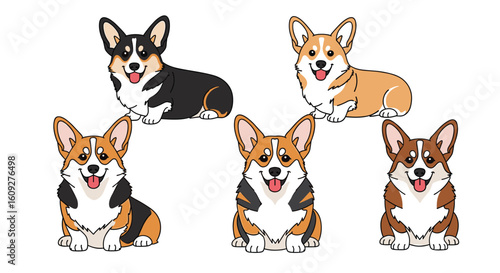 Adorable pixel art corgis in various adorable colors showcasing their charming personalities and unique cute features together