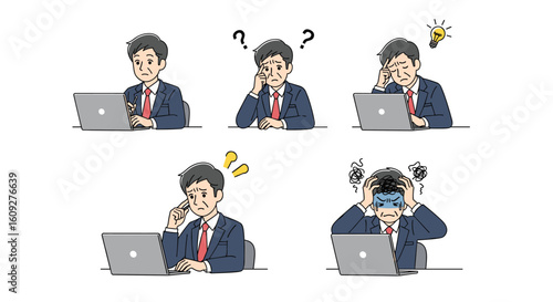 Business professional experiencing various work related emotions and challenges at their desk