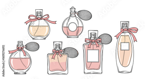 Elegant collection of feminine fragrance perfume bottles with delicate bows and spritzers
