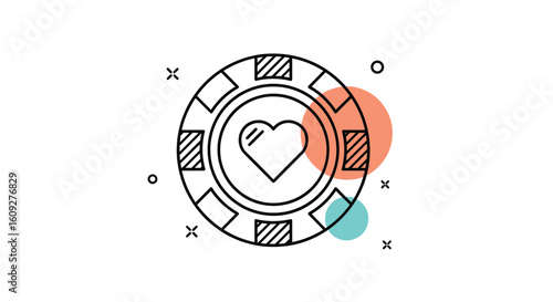 A stylized outline of a casino chip featuring a heart symbol surrounded by decorative elements and colorful blobs representing playful ambiance