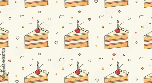 A festive pattern of delicious birthday cake slices with candles and confetti celebrating a special occasion