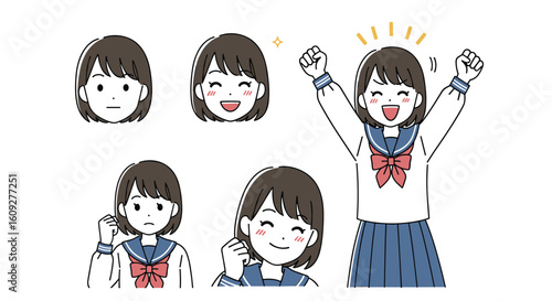 Collection of illustrations depicting young girls expressions and poses in school uniforms demonstrating joy and determination