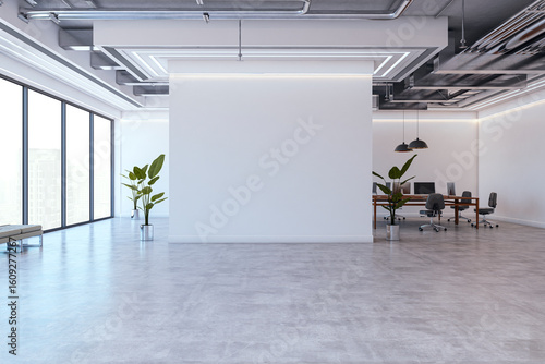 Fototapeta Naklejka Na Ścianę i Meble -  Modern open office interior with large blank wall for poster mockup and city view through tall windows in bright corporate workspace. 3D Rendering