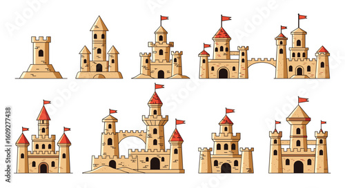 Collection of pixel art sandcastles featuring towers battlements and flags on a white background
