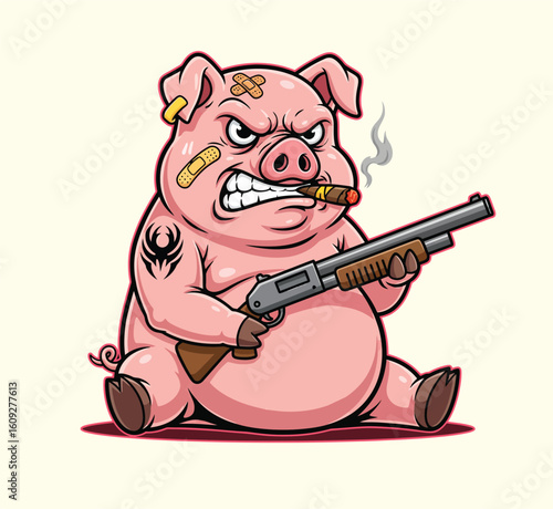 Angry pig holding a shotgun on a white background