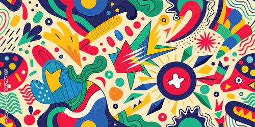 vibrant pattern featuring a variety of shapes and colors, creating a lively and dynamic visual effect..eps