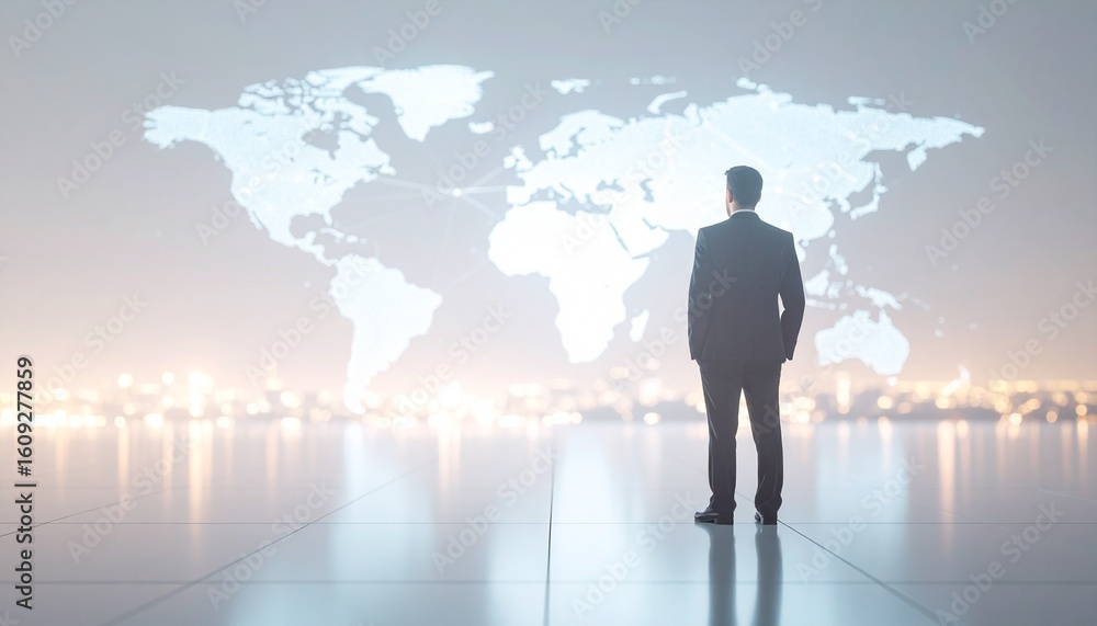 A man in a suit with a three-dimensional world map in the background A man in a suit with a three-dimensional world map in the background