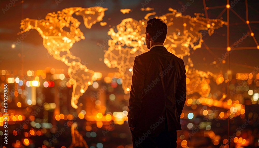 Fototapeta premium A man in a suit with a three-dimensional world map in the background