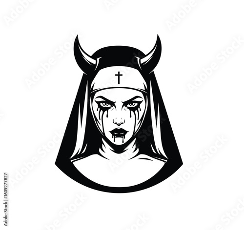Dark Nun with Horns and Piercings Illustration