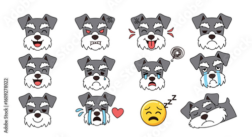 Adorable miniature schnauzer dog expressions and emotions captured in pixel art style
