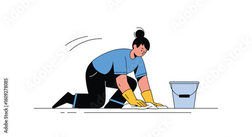 Woman wearing gloves and blue shirt cleaning the floor with a cloth and bucket