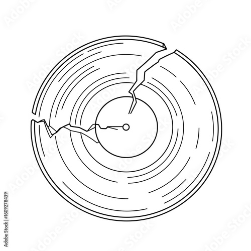 A vinyl record with broken edges, depicting a vintage and nostalgic music experience in a minimalist style