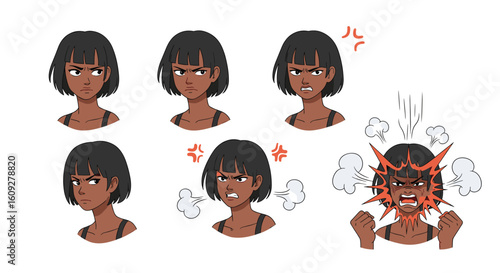 Pixel art character expressions showing a range of emotions from calm to extreme anger and frustration