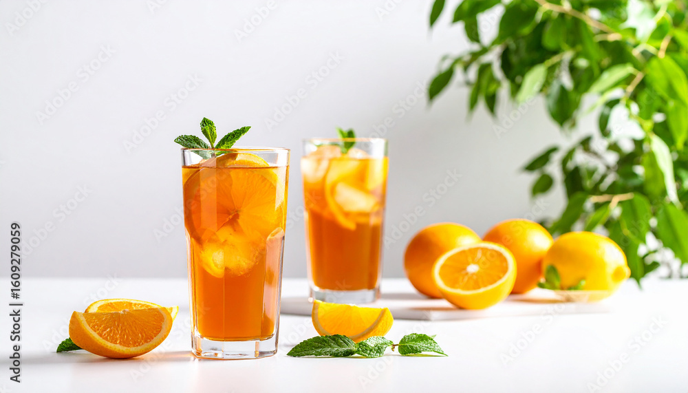 Fototapeta premium Refreshing citrus iced tea in a clear glass with ice cubes and fresh garnish
