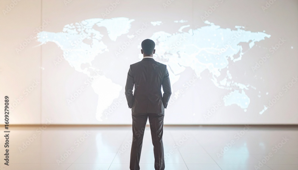 A man in a suit with a three-dimensional world map in the background A man in a suit with a three-dimensional world map in the background