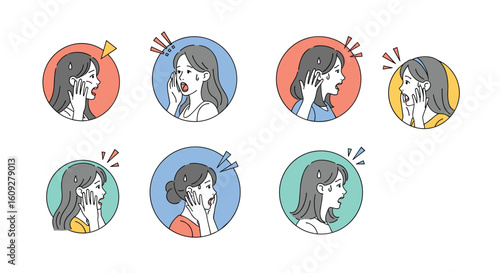 Collection of people expressing emotions through facial gestures and vocalizations visualizing communication challenges and human connection