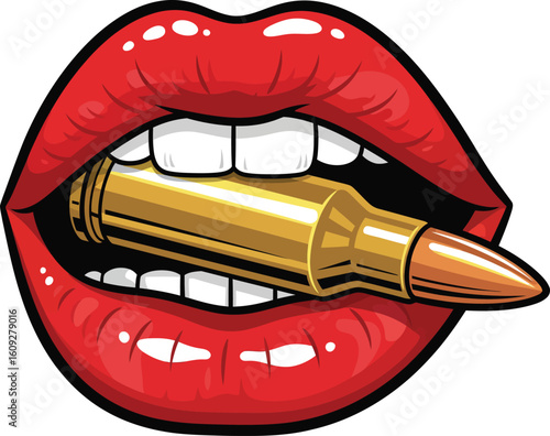 Red Lips Biting a Golden Bullet Pop Art Vector Illustration