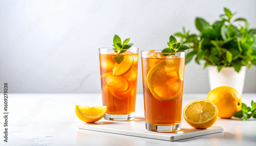 Fototapeta premium Refreshing citrus iced tea in a clear glass with ice cubes and fresh garnish