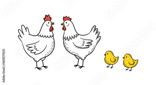 Adorably drawn white hens standing next to two cute yellow chicks in a simple farm illustration