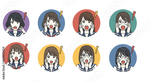 Collection of eight pixelated anime style facial expressions showing surprise and astonishment with different hair colors