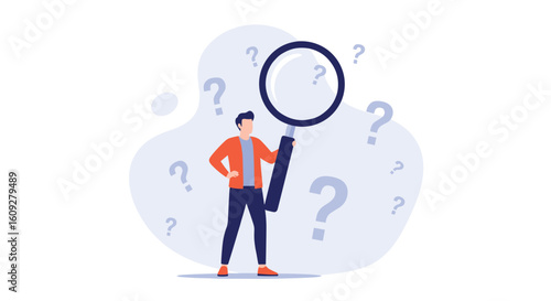 Curious person examining questions with a magnifying glass seeking answers and clarity in a conceptual illustration of research and discovery