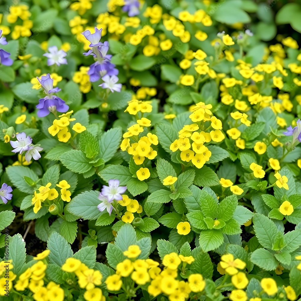 Obraz premium Close up of vibrant yellow and purple flowers with green leaves