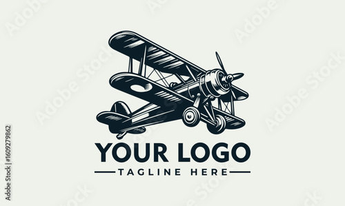 Vintage biplane illustration with propeller, wings, and landing gear, shown in a detailed engraved style.