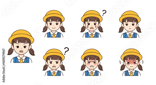 Collection of cartoon girl expressions in school uniform and yellow hat showing confusion surprise worry and anger