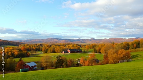 Rolling green hills and vibrant autumn foliage in a rural landscape with distant mountains
