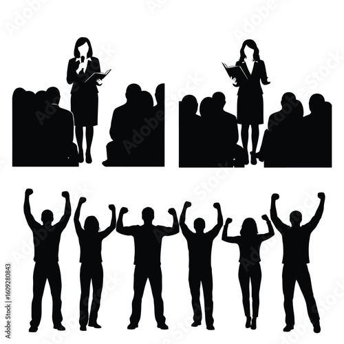 Silhouettes of Public Speakers and Cheering Audience at Conference or Seminar Illustrating Leadership and Success in Black and White