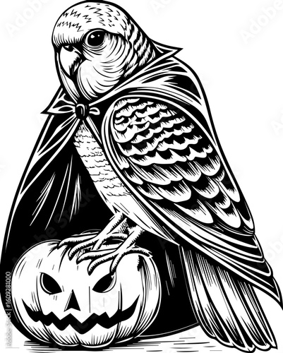SVG of a Halloween bird wearing a witch hat with a pumpkin, in a playful tattoo style. Halloween-themed illustration of a parrot in a cloak with pumpkin