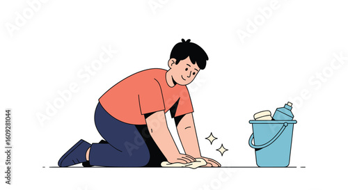 Dedicated individual diligently scrubbing the floor with a cloth and bucket nearby showcasing commitment to a spotless living space