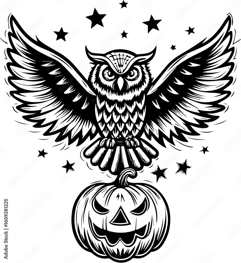 Obraz premium SVG of a Halloween bird wearing a witch hat with a pumpkin, in a playful tattoo style. Black and White Owl Wings Spread Over Halloween Pumpkin Design