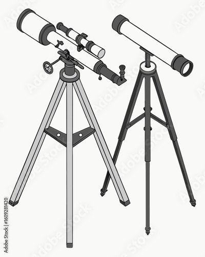 High-tech anti-drone monitoring system with cameras and radar sensor on tripod, used for secure zone surveillance, isometric view.