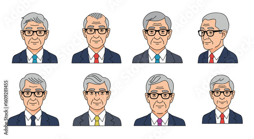 Collection of pixel art portraits of elderly gentlemen in business attire featuring diverse expressions and necktie colors for professional design projects