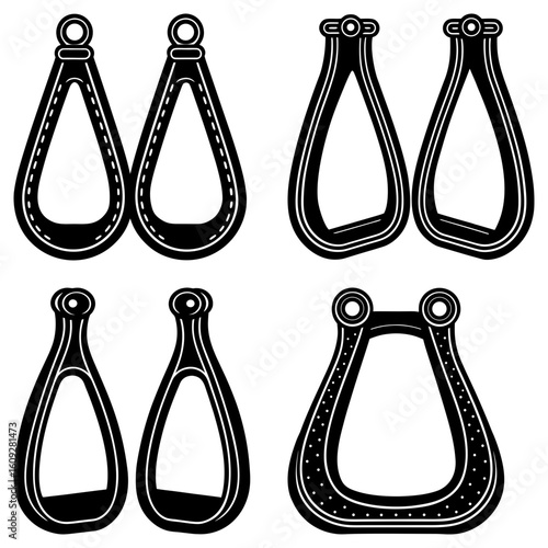 Collection of black and white stirrup designs with varying shapes and decorative elements in a graphic style