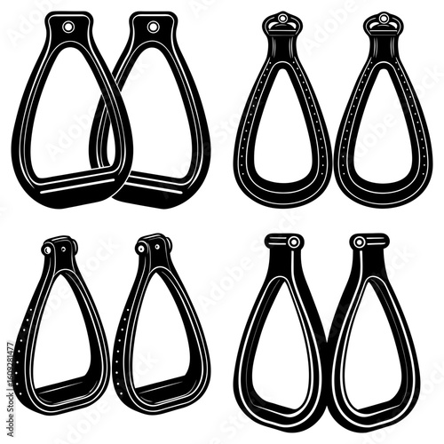 Illustration showing four pairs of black and white saddle stirrups in varying styles and orientations