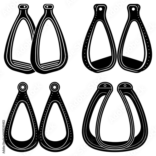 Illustration of four pairs of horse riding stirrups with varying designs in black and white color scheme